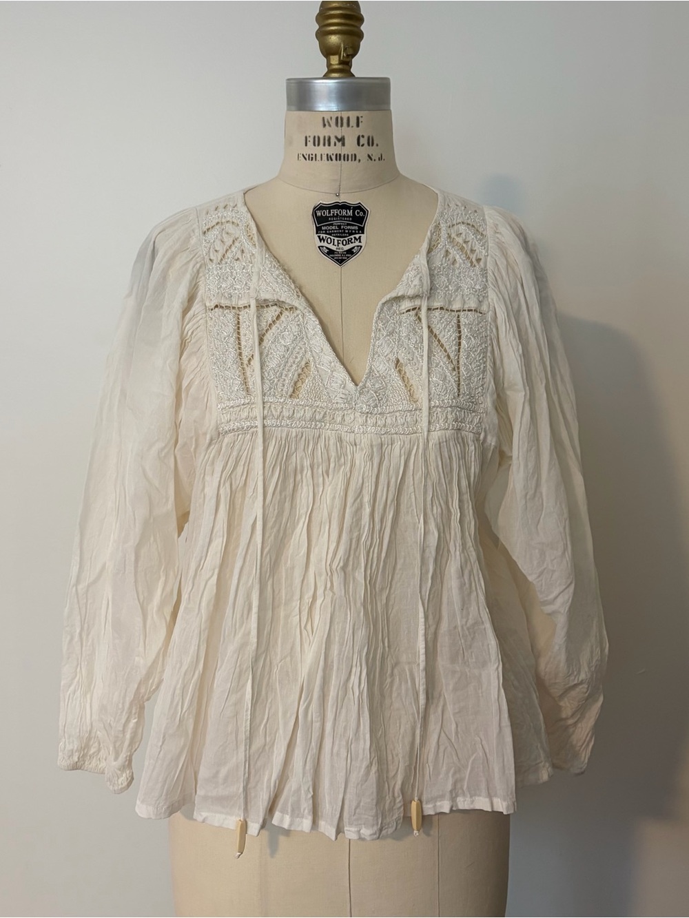 Women's Cream Peasant Blouse with Embroidered Yoke